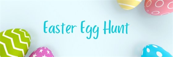 blue background with plastic eggs and "easter Egg Hunt" in writing