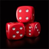 three red dice on a black screen